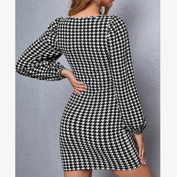 Classic Houndstooth Long Sleeve Fitted Pencil Bodycon Dress - Picture 3 of 6